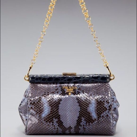 Prada Python Frame-Chain Shoulder Blue Gold Bag - Picture 2 of 4